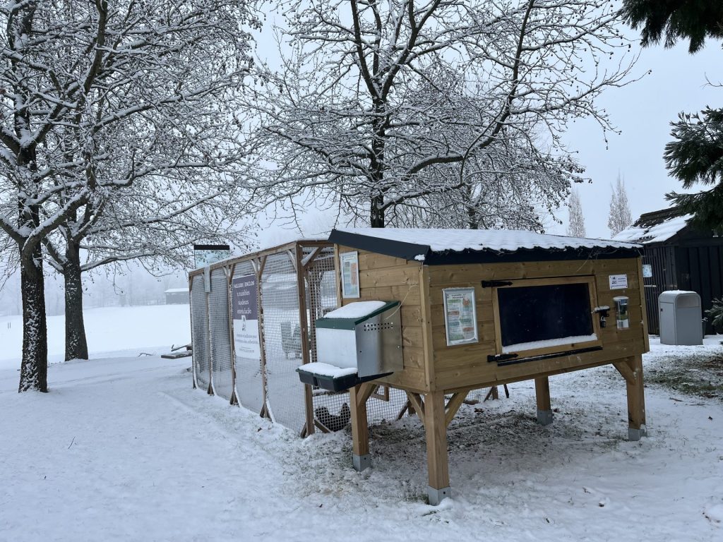 Cabane en bois dans la neige